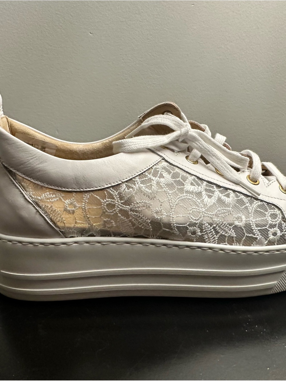 Lace-Trim White Platform Sneakers with Gold Eyelet Detail